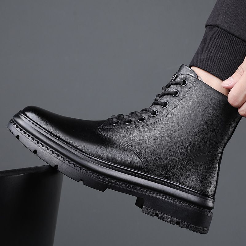 Genuine Leather Martin Boots Men's High-top Heightening Korean Version Leather Boots Trendy Men's Tooling Locomotive Boots_viptrois.com