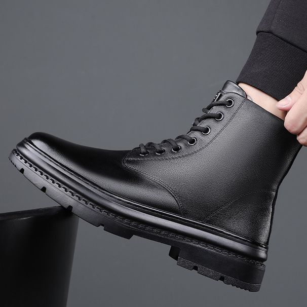 Genuine Leather Martin Boots Men's High-top Heightening Korean Version Leather Boots Trendy Men's Tooling Locomotive Boots_viptrois.com