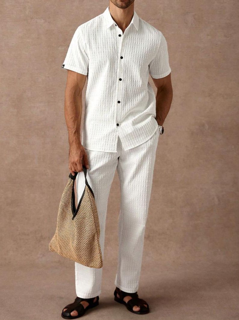 Men's Casual Shirts Men's Summer New Solid Color Lapel Breathable Men's Trousers Suits_viptrois.com