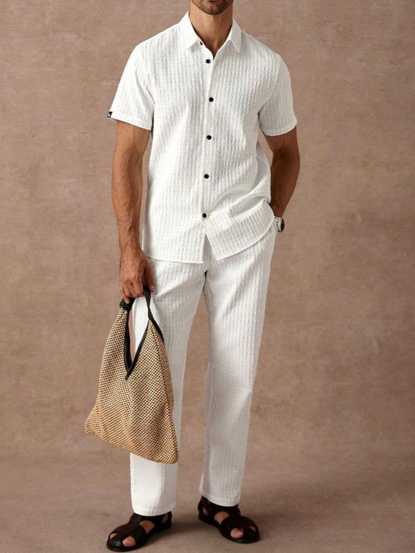 Men's Casual Shirts Men's Summer New Solid Color Lapel Breathable Men's Trousers Suits_viptrois.com