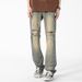 LKTM Men's Wear # American Style Distressed Yellow Mud Blue Ripped Jeans Men's High Street Trendy Brand Loose Casual Be1_viptrois.com
