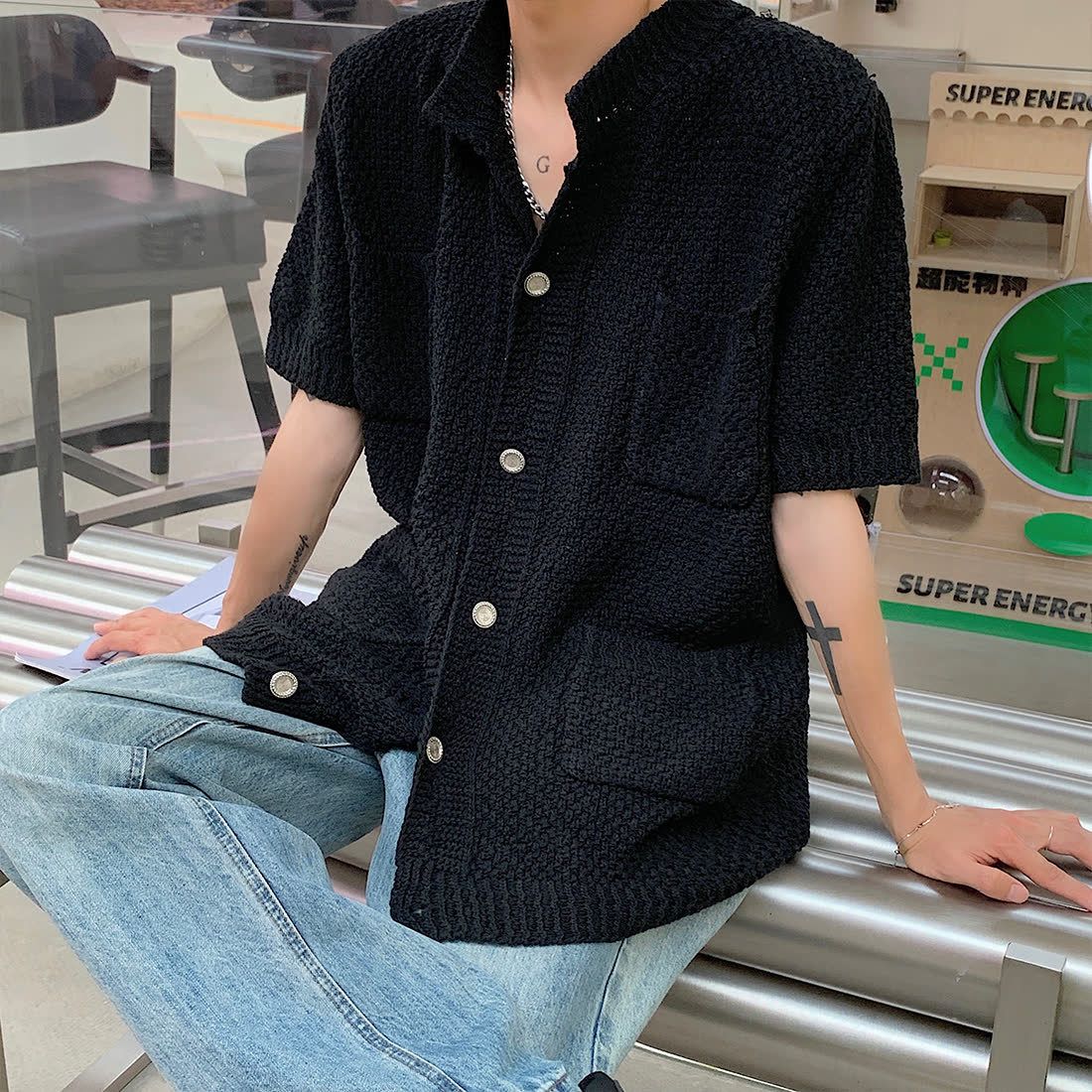 Men's Clothing Summer Small Fragrance Style Short Sleeved T Shirt Men Ins Trendy Brand Knitted Cardigan Men Korean Style Trendy Light Luxury All Match_viptrois.com