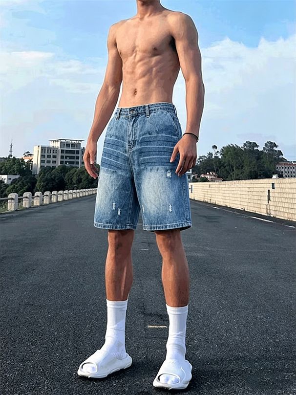 Men's Lightning Pattern Washed Distressed Denim Shorts Summer Thin Straight Leg Five Point Pants Trendy American Brand Vibe Cool And Stylish_viptrois.com