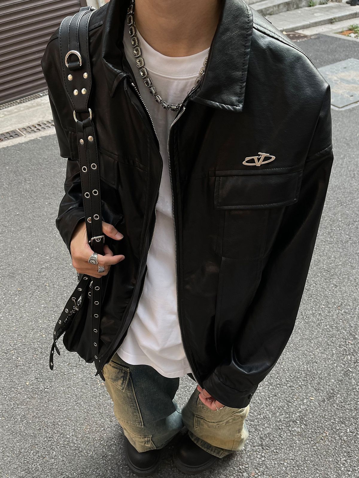 Men's Clothing Heavy Retro Metal Button PU Leather Jacket Short Zipper Pocket Trendy Brand Jacket Top_viptrois.com