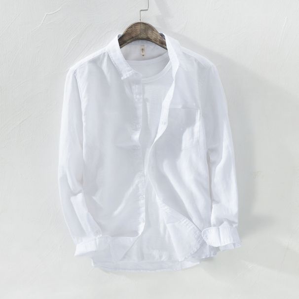 Summer Thin Linen Shirt Men's Business Casual Loose Solid Color Men's Cotton Linen Long Sleeved Shirt Top White_viptrois.com