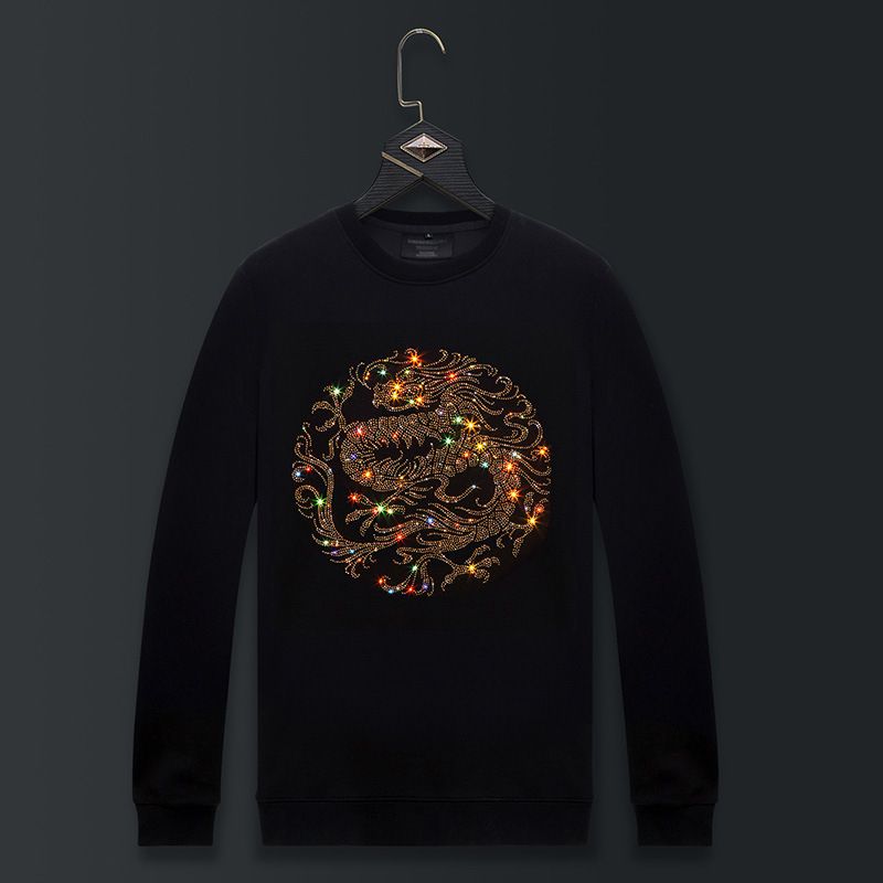 Men's Clothing Dragon Trend Round Neck Large Size Loose Personality Top Trendy Brand Hot Diamond Bottoming Shirt_viptrois.com