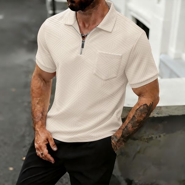 Men's Zippered Polo Shirt With Jacquard Detailing – Breathable Polyester Casual T-Shirt With Chest Pocket | Relaxed Fit Short-Sleeve Top_viptrois.com