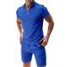 Men's Short Sleeve Shorts Casual Summer Waffle Solid Color Loose Fit Turn-down Collar T-shirt Set_viptrois.com
