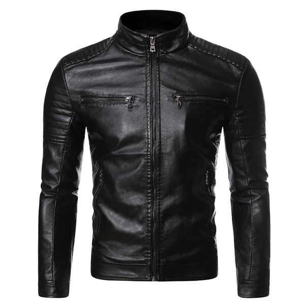 Spring And Autumn Thin Men's Stand-up Collar Double Zipper Pu Leather Jacket Large Size Locomotive Leather Jacket_viptrois.com