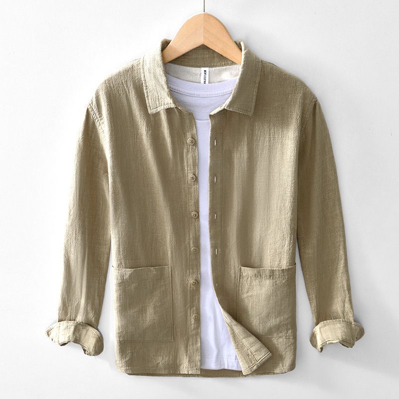 Autumn Ramie Thin Solid Color Top Jacket Casual Cotton Linen Long Sleeved Cotton Linen Shirt_viptrois.com