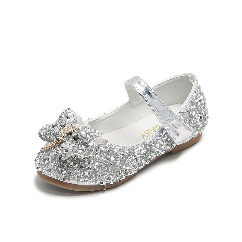 Children's Shoes 2023 Spring and Autumn New Arrival Sequined Bow Crystal Shoes Korean Style Flat Princess Casual Girl's Leather Shoes_viptrois.com