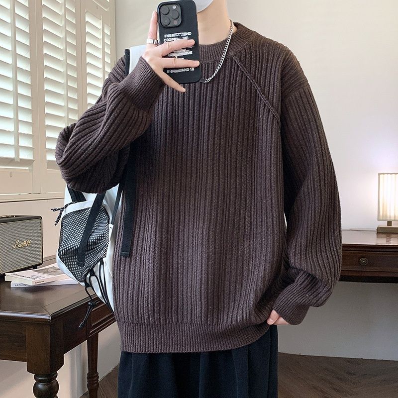 Round Neck New Sweater Versatile Knitted Top Autumn Winter Thickened Base Layer Youth Trendy Men's Loose Warm_viptrois.com