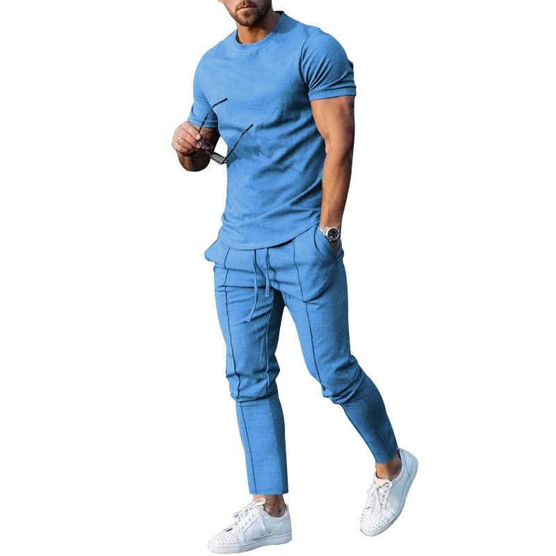Men's Solid Color Casual Round Neck Short Sleeve Sports T Two-piece Suit_viptrois.com