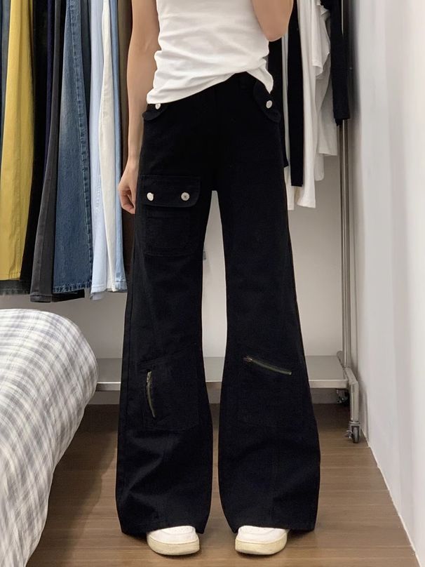 Black Flared Workwear Jeans For Men And Women, New Design, Loose Fit, High-waisted Bell-bottom Pants_viptrois.com
