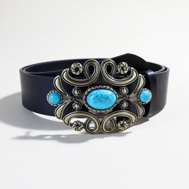 Vintage Bohemian Royal Belt - 3" Wide Black Waistband With Turquoise Stones & Rose Pattern (Ethnic Embossed Women's Belt)_viptrois.com