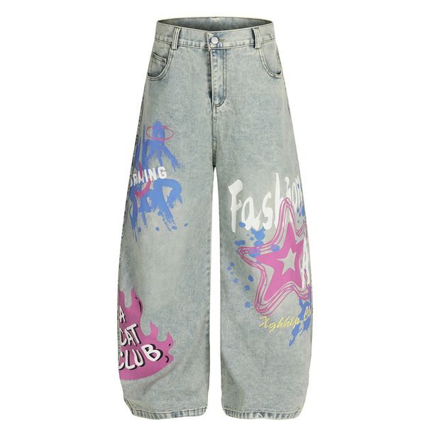 Graffiti Scimitar Jeans Loose Men's High Street Trend Punk Washed Vintage Design Personality Wide-Leg Pants_viptrois.com