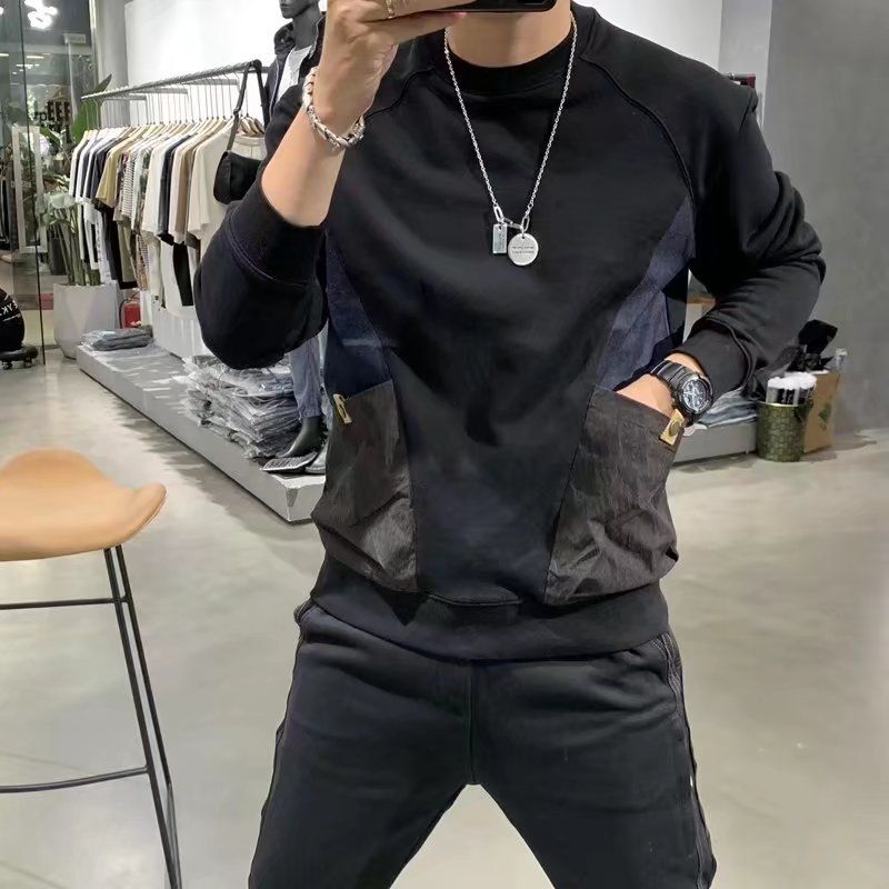 Pure American Style Men's Sweatshirt 2024 Autumn Winter New Round Neck Trendy Patchwork Pocket Long Sleeve T-Shirt Casual Top_viptrois.com