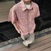 Men's Clothing Fixed Color Woven Plaid Seersucker Cross Yoke Loose Silhouette Short Sleeved Shirt_viptrois.com