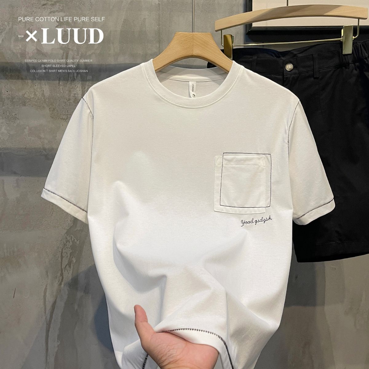 Men's Clothing White Open Line Pocket Short Sleeved T Shirt Men's 2023 Summer Loose Casual Niche Design Korean Style Short Sleeved T Shirt_viptrois.com