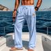 Men's Cotton Linen Straight Trousers mid Waist Casual Pants Lace up Drawstring Black Solid Color Spring Autumn Seasonal Wear_viptrois.com