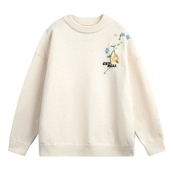 Monochrome Man- Textured Floral Embroidery Autumn Winter New Japanese Style Loose Pullover Knitted Thickened Warm Sweater Coat_viptrois.com