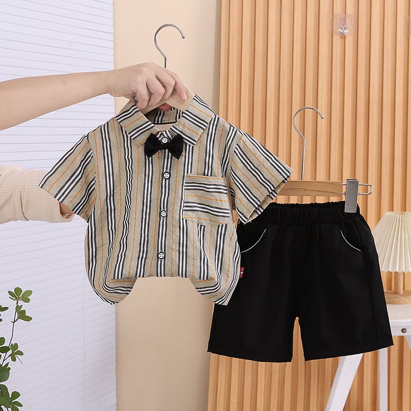 2025 Korean Version Summer Striped Short Sleeved Shirt Boys' Suspender Shorts Two-piece Set, Gentlemen's Baby One Year_viptrois.com