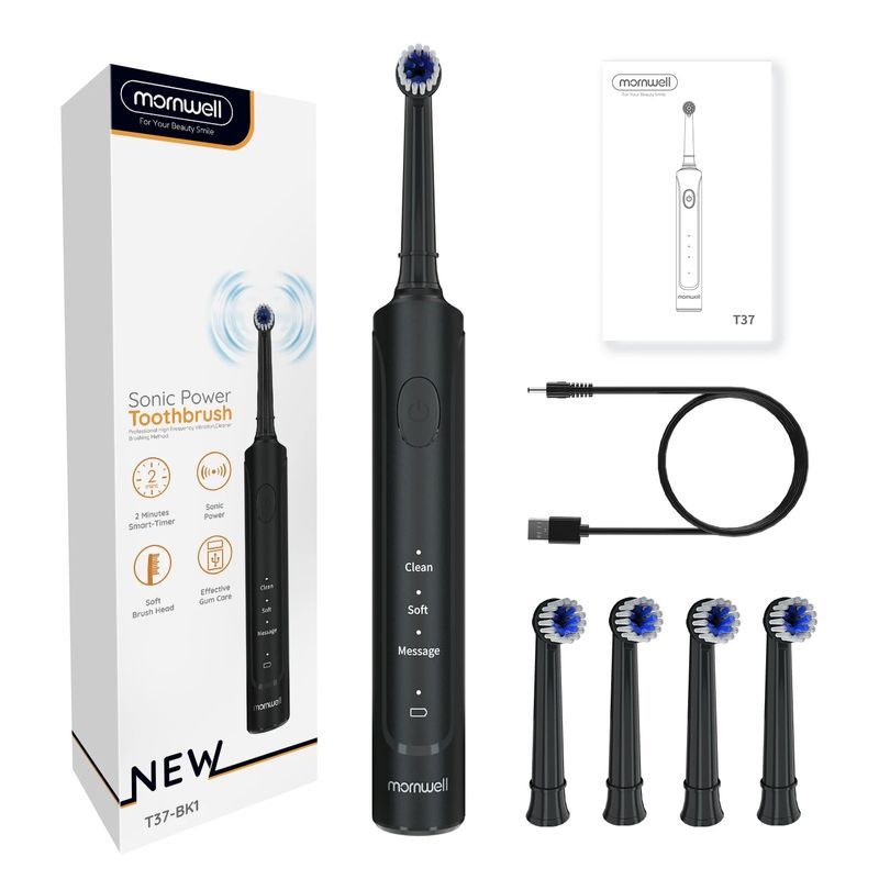 Mornwell T37 Toothbrush Rotation Clean Adult Teeth Electric Tooth Brush With 4 Extra Replacement Heads_viptrois.com