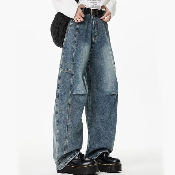 FUIV American High Street Jeans Men's Spring Pinch Fold Wide Leg Loose Straight Tube Washed Rascal Handsome Casual Pants_viptrois.com