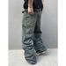 Men's Retro Washed Wide Leg Jeans American Street Style Trendy High End Distressed Loose Fit Cross Border Chain Link Trousers_viptrois.com