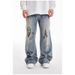 Men's Washed Denim Pants Spring Autumn Swallow New Style Heart Graffiti Print Loose Straight Leg Slightly Elastic_viptrois.com