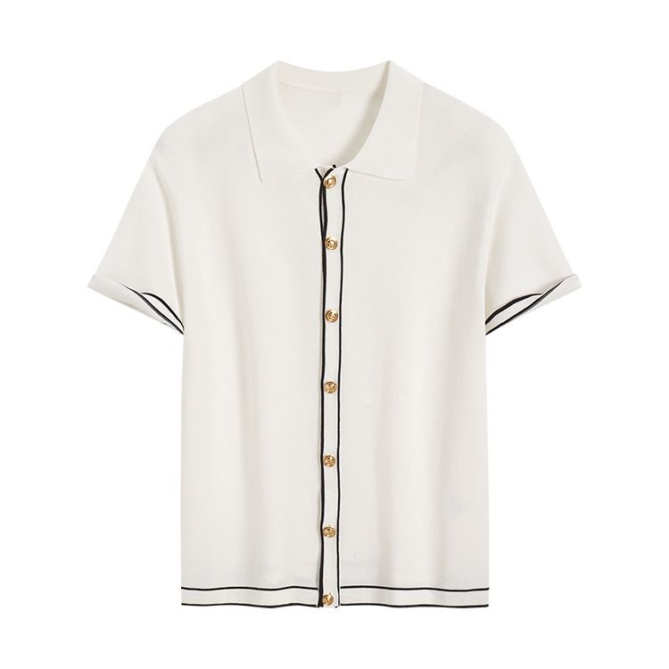 Men's Clothing New Simple Cardigan Contrast Color Lapel Old Money Style All Match Solid Color Short Sleeved Knitted Sweater_viptrois.com