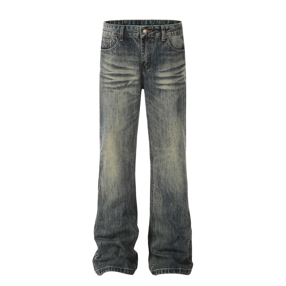 Men's Clothing Denim Loose Trousers For Men With Trendy Design, Back Pockets Decorated With Holes, Hand Worn Straight Leg Trousers_viptrois.com