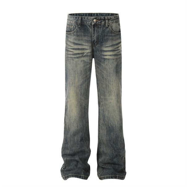 Men's Clothing Denim Loose Trousers For Men With Trendy Design, Back Pockets Decorated With Holes, Hand Worn Straight Leg Trousers_viptrois.com