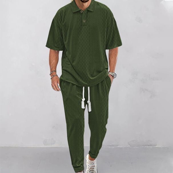 Short-sleeved loose casual men's suit summer simple solid colour jacquard heavyweight T-shirt trousers suit_viptrois.com