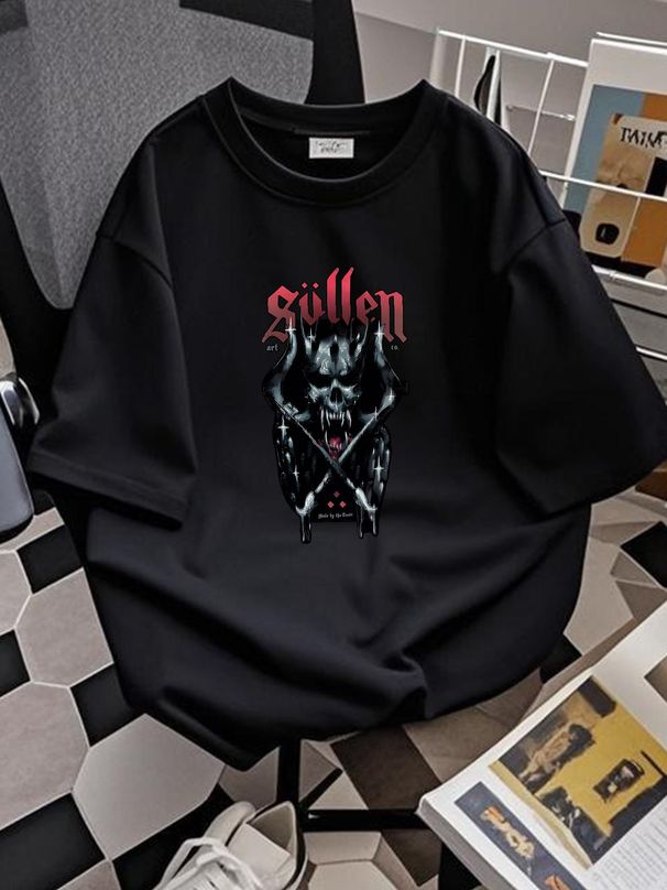 Sullen Men's Hellraiser Short Sleeve T-shirt Tattoo Style Wolf Skull Reaper Tee Stretched Stylish Versatile Graphic Top For Everyday Wear Soft_viptrois.com