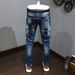 Jean Déchiré Rétro Bleu Pour Hommes, Pantalon En Denim, Slim, Peint, Style Coréen, Vintage, Décontracté_viptrois.com