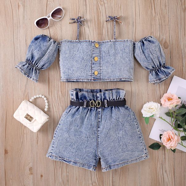 Baby Clothing Girls' Clothes Halter With Pinched Lantern Sleeves Single Breasted Cardigan Top High Waist With Belt Shorts_viptrois.com