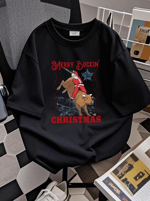 Men's Professional Bull Riders Merry Buckin' Christmas T-Shirt Designer Clothes Summer Comfortable Fashion Top For Everyday Wear Soft Stylish_viptrois.com