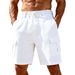 Men's Linen Cargo Shorts Drawstring Elastic Waist Straight Leg Solid Color Breathable Casual Beach Shorts 5 Inch_viptrois.com