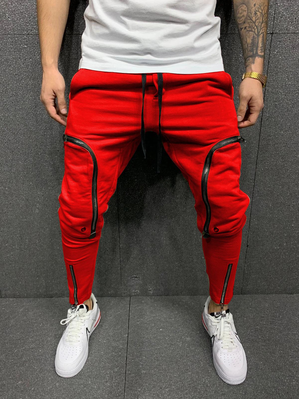 Men's Clothing Men's Trousers Solid Color Zipper Pocket Slim Casual Pants Sports Trousers Jogging Pants_viptrois.com