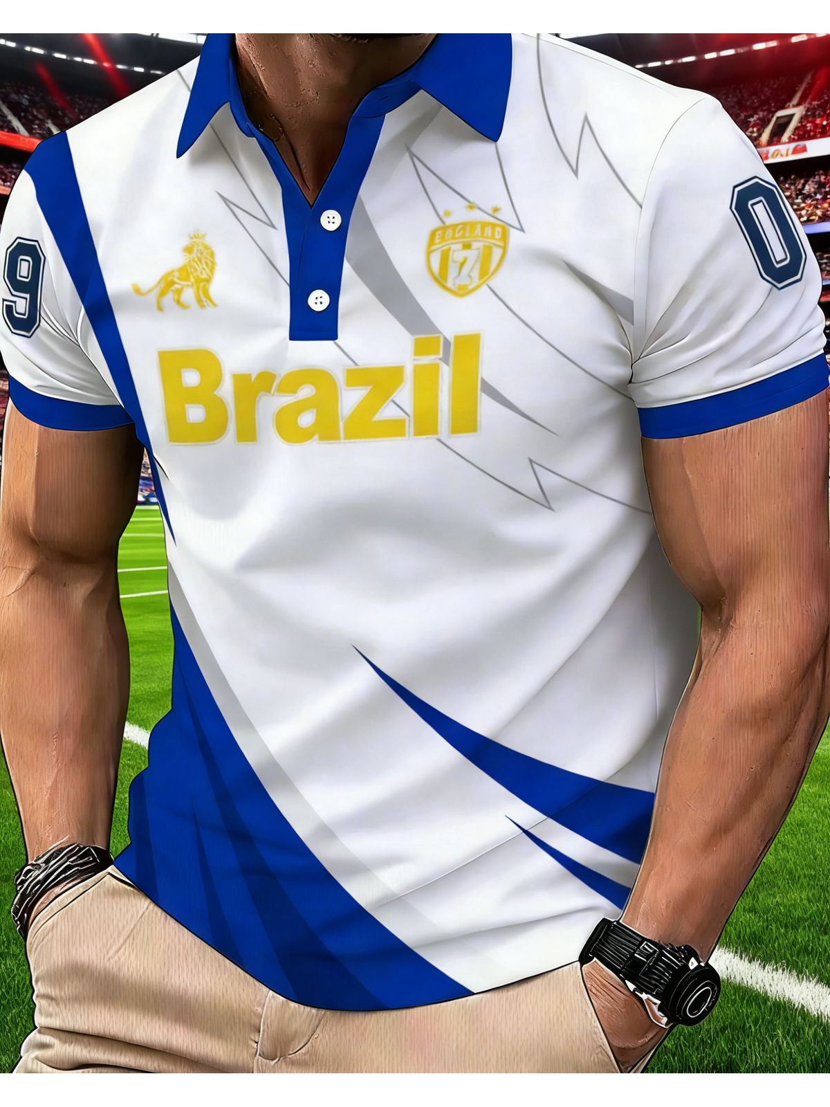 Men Quick Dry Mesh Straight Fit Brazil Inspired Soccer Print Collar Polo, Breathable Washable White Blue Short Sleeve Euro S-5XL Fan Casual Top_viptrois.com