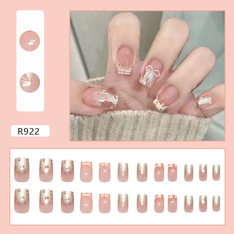 Beauty & Health Love Hollow Bow Pink Leopard Print French Versatile Detachable Wearable Nail Art Nail Pieces 24 Pieces_viptrois.com