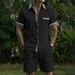 Men's Casual Short Sleeve Shirt & Shorts Set, Color Block Beachwear Summer Outfit For Vacation_viptrois.com