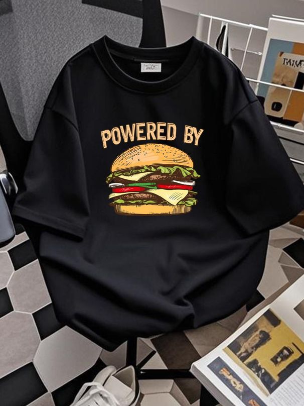Powered By Beef Burger Fast Food Lover Unisex Funny Hamburger Graphic T-Shirt Stylish Streetwear Top For Everyday Wear Graphic Comfortable_viptrois.com