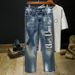 Men's Ripped Jeans With Patches Loose Straight Leg Wide Leg Flowy Trendy Casual Pants Autumn 2022_viptrois.com
