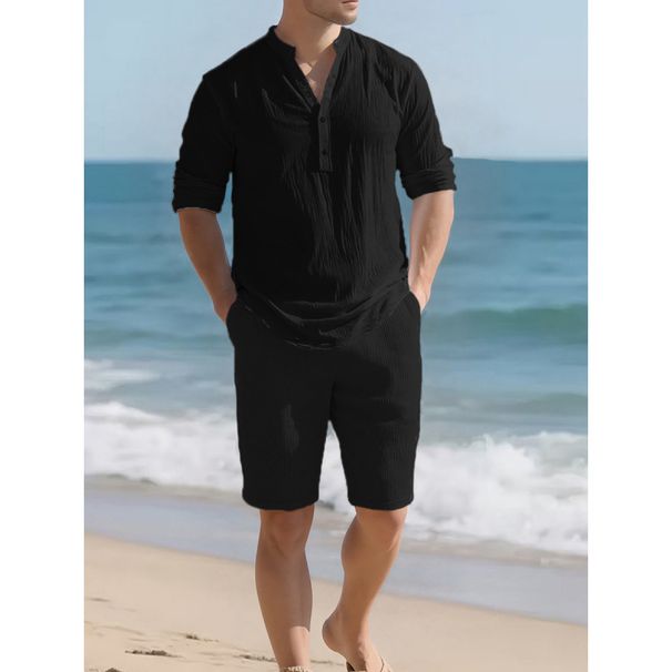 Men's Linen Long Sleeve Casual Top And Five Quarter Shorts Fashion Set_viptrois.com