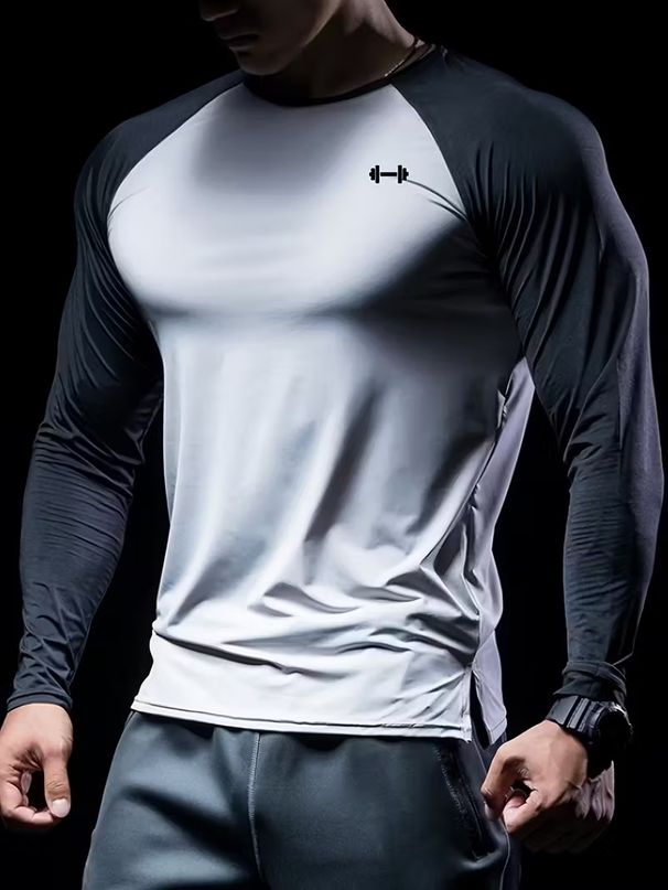 Men's Athletic Long Sleeve T-Shirt Slim Fit Contrast Sleeves Moisture Wicking Running Shirt for Training Gym Workout Top_viptrois.com
