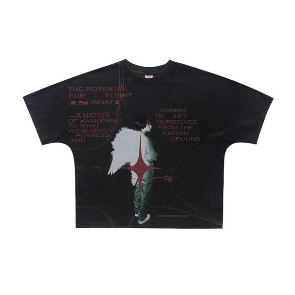 American-syle Washed Disressed Shor T-shir Wih Full Porrai Prin And Oversized Design, One-piece Raglan_viptrois.com