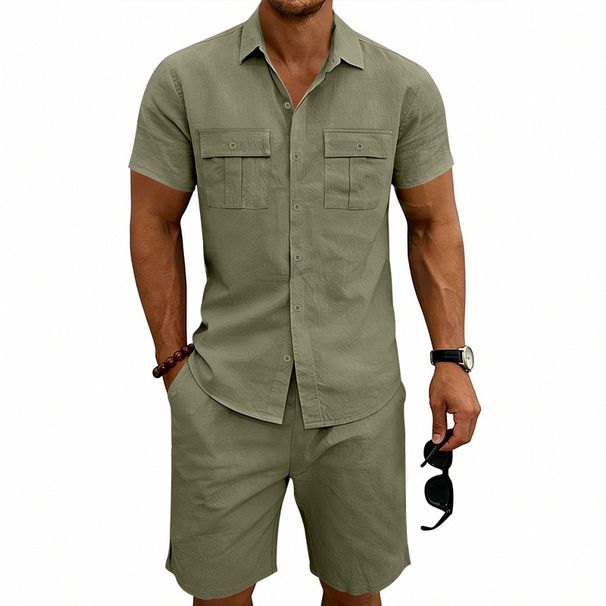 Men's Summer Linen Shirt And Beach Shorts Set Casual Outdoor Commuting Workwear Short Sleeved Clothing_viptrois.com
