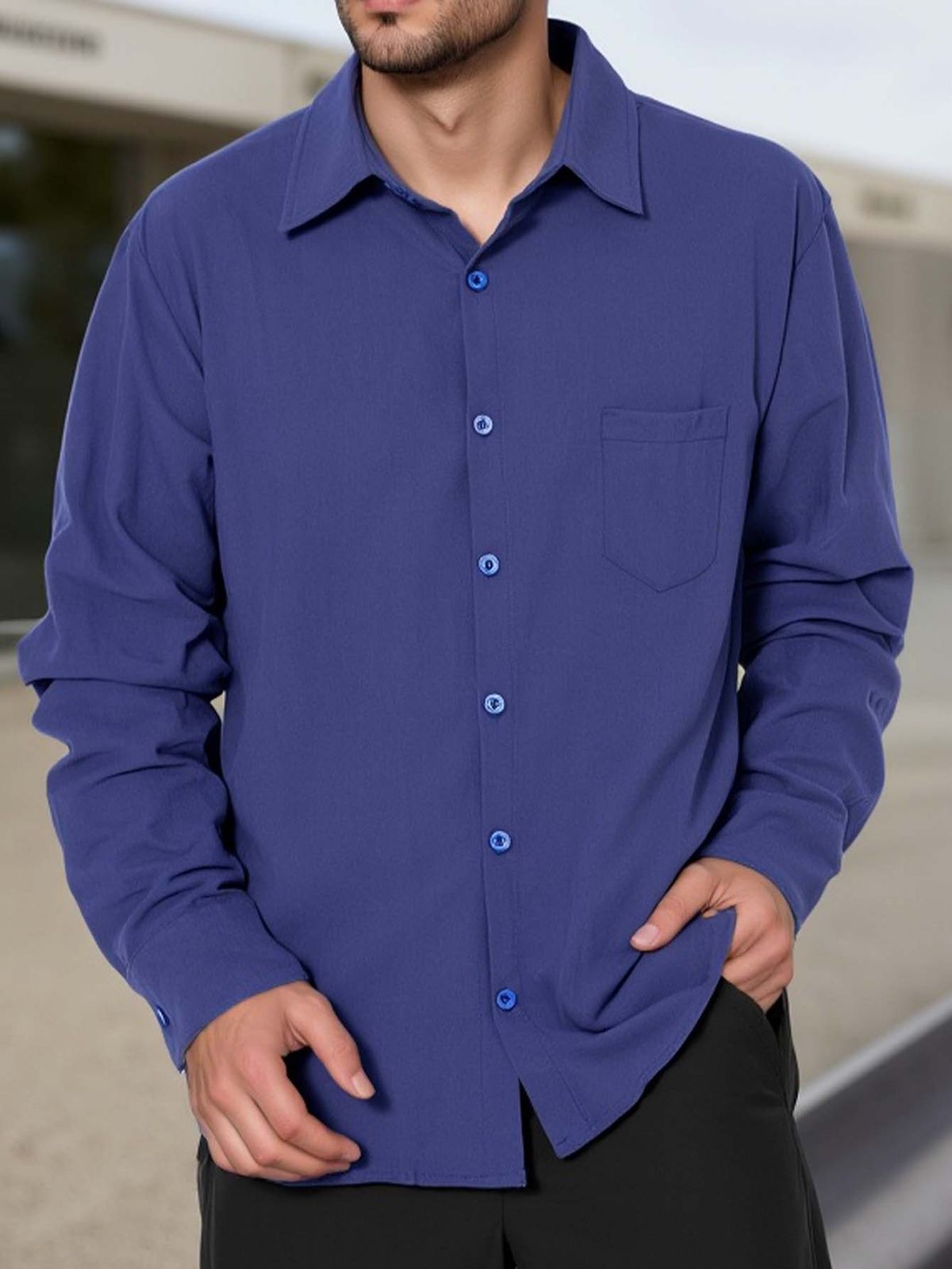 Spring And Autumn New Men's Solid Color Lapel Pocket Button Fashion All Match Loose Long Sleeve Shirt_viptrois.com